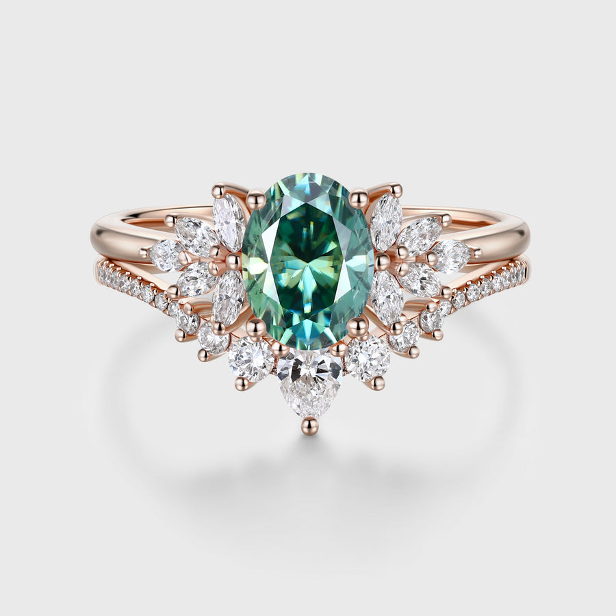 1.5Carat Oval cut Green Moissanite Engagement ring Bridal Set