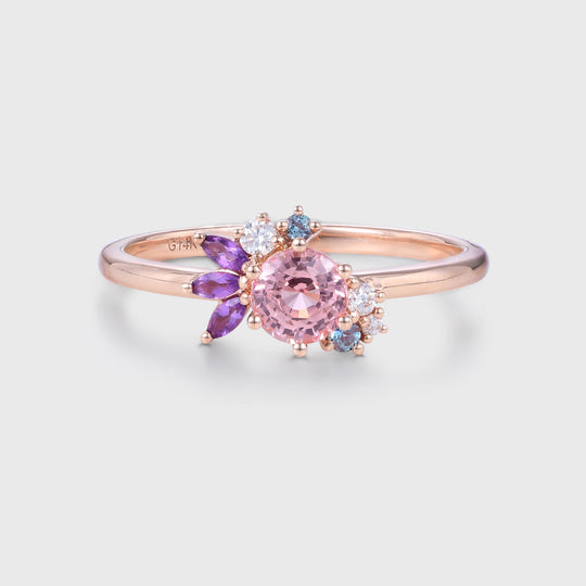 Inspired Round cut Lab grown Pink Sapphire Matching Diamond | Amethyst Solid Gold Engagement Ring