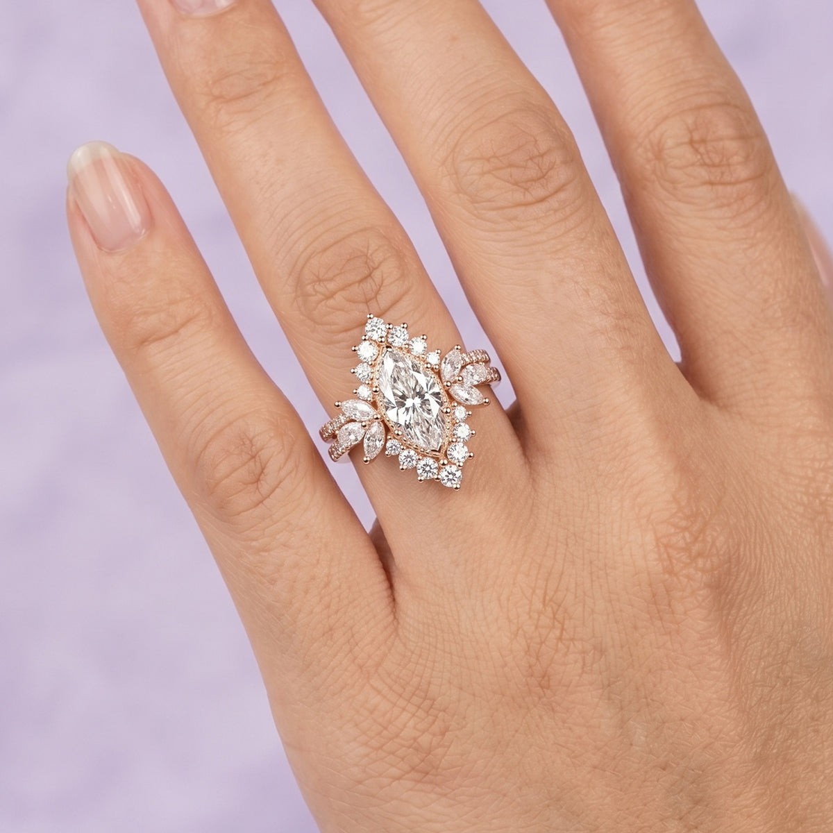 1.0CT~5.0CT Marquise cut Lab grown Diamond Halo Engagement Ring Set Luxury Pave Everyday Stackable Set