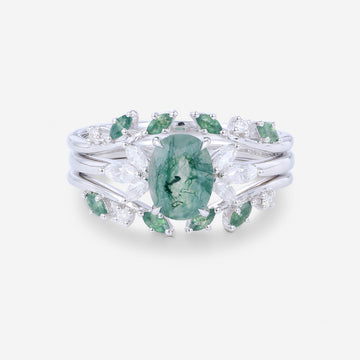 1.5Carat Oval Cut Moss Agate Cluster Engagement ring Bridal Set