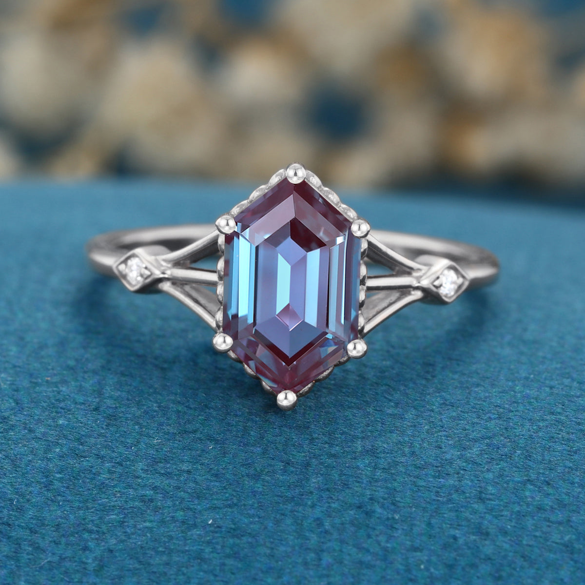 Hexagon cut Lab Alexandrite Solid Gold Engagement Ring