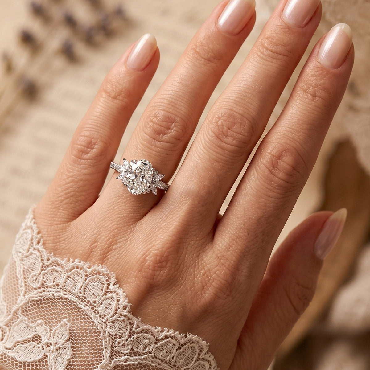 1.0CT~5.0CT Oval cut Lab grown Diamond Cluster Engagement Ring Luxury Pave Band