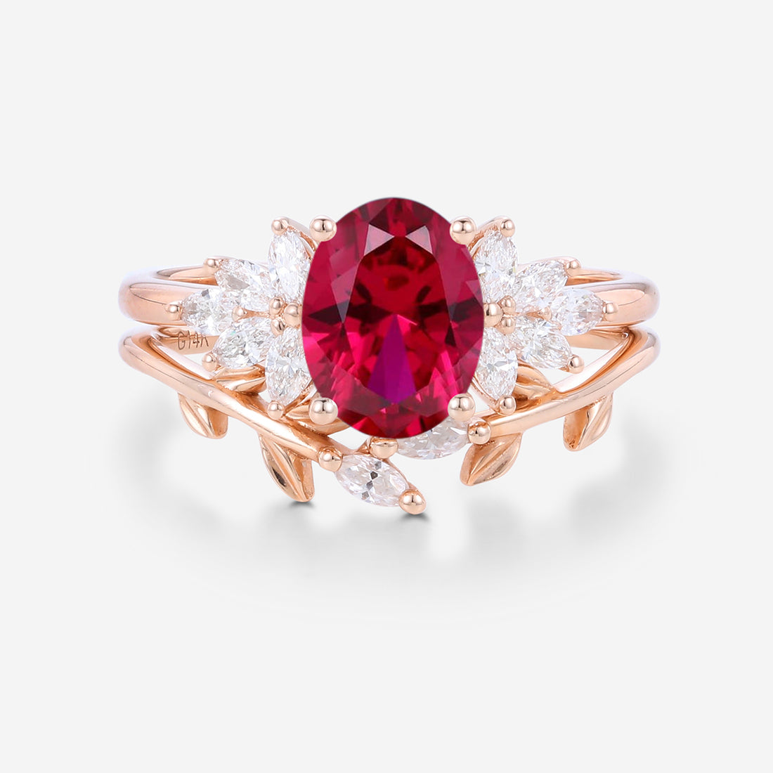 Oval cut Lab Ruby Cluster Engagement ring Bridal Set