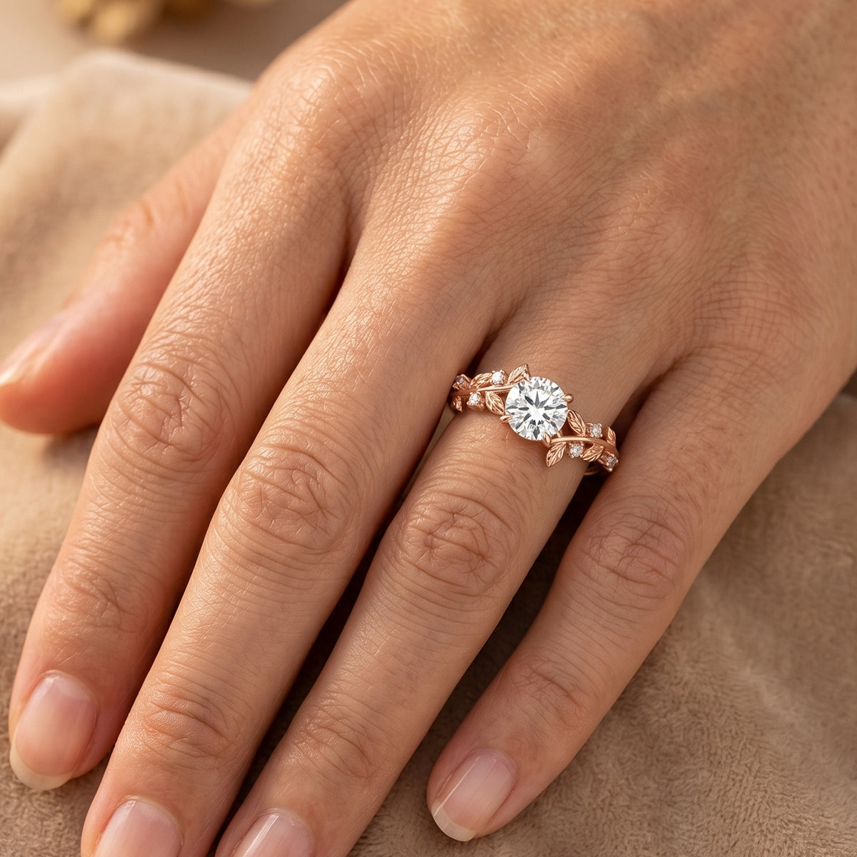 1.0CT~5.0CT Round cut Lab Grown Diamond Cluster Leaf Gold Engagement Ring