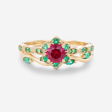 Round Cut Lab Ruby Flower  Wedding Bridal Set