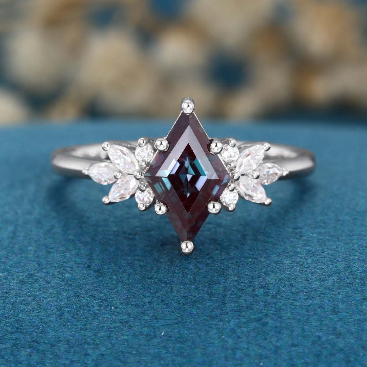 Lozenge cut Lab Alexandrite Solid Gold Engagement Ring