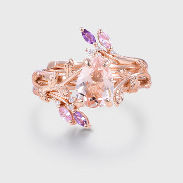 Inspired Pear cut Morganite Solid Gold Wedding Bridal Set