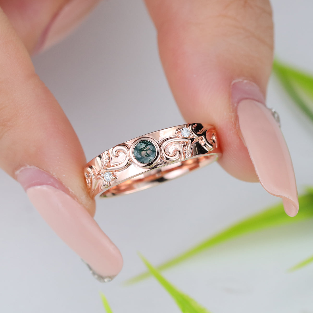Luxury Men's Moss Agate Engagement Band - Solid gold men ring