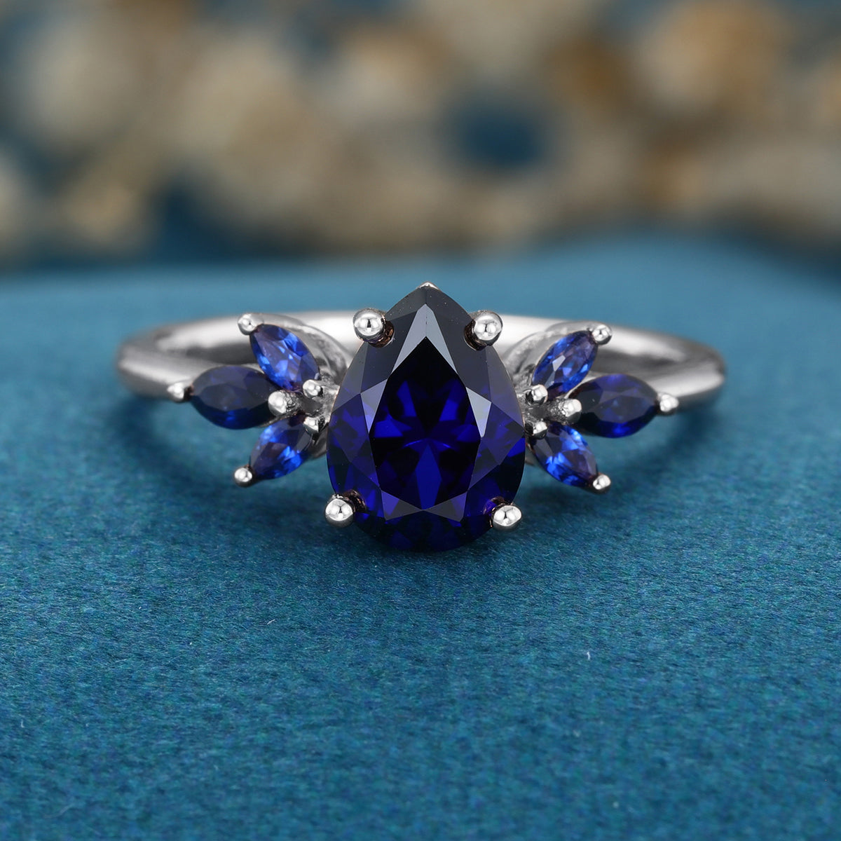Pear cut Lab Blue Sapphire Solid Gold Engagement Ring
