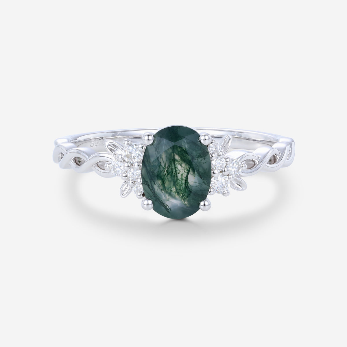 Oval Cut Moss Agate Leaf Engagement ring