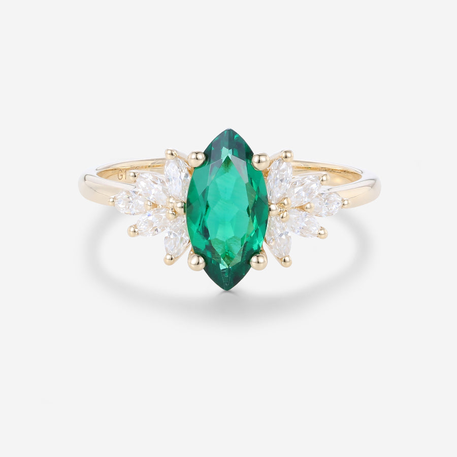 Inspired Marquise cut Lab Emerald Solid Gold Engagement Ring