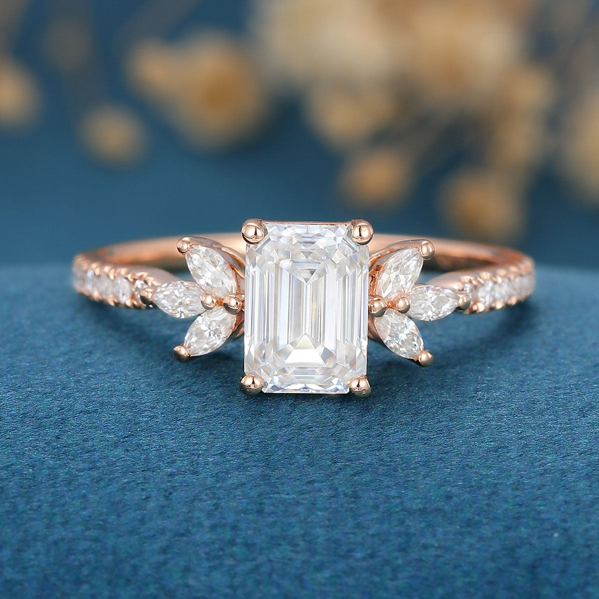 Custom Carat Emerald cut Moissanite Cluster Engagement Rings for