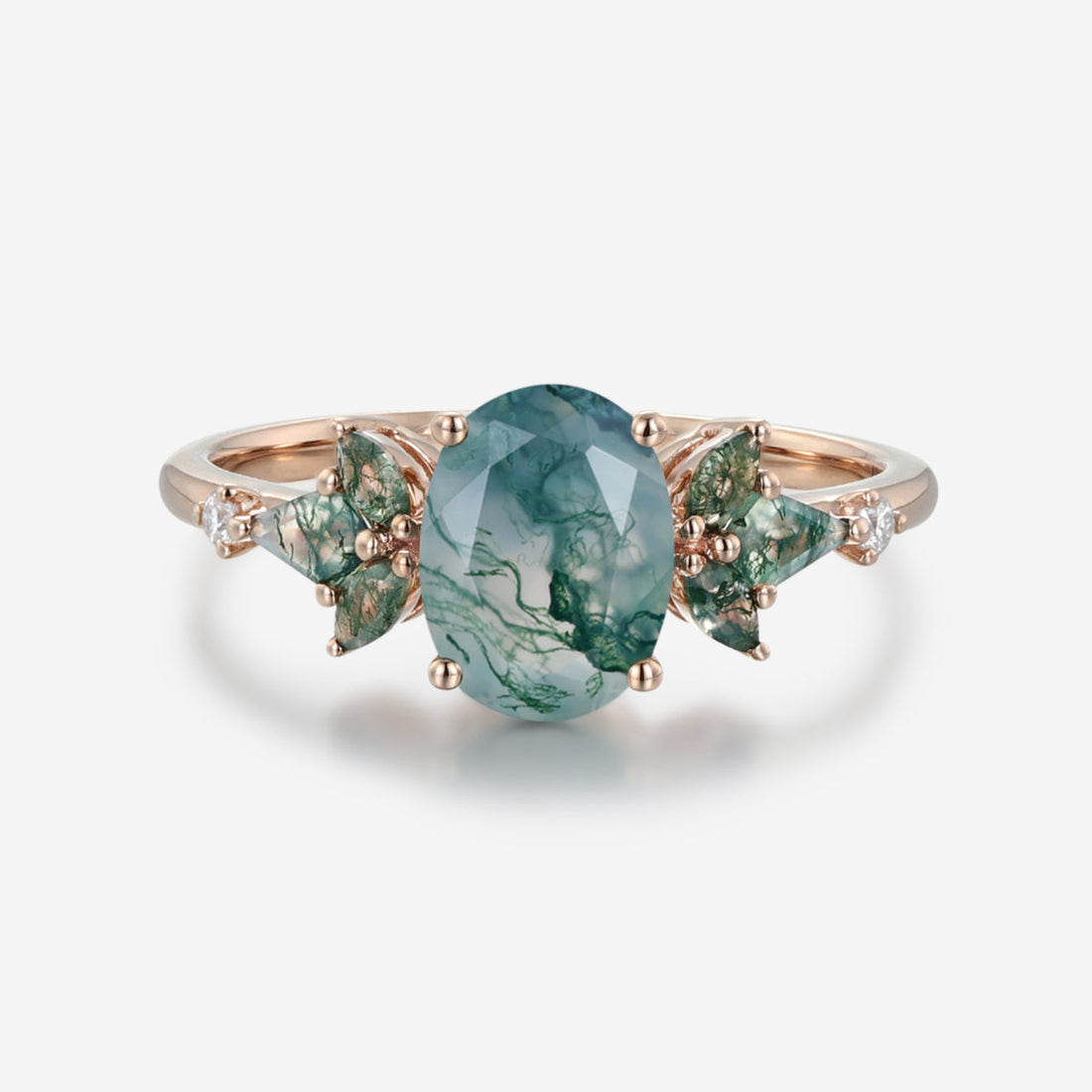 Oval cut Moss Agate + Diamonds Solid Gold Engagement Ring