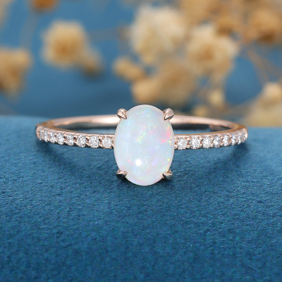 Oval Opal pave band half eternity Engagement ring