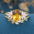 Oval cut Citrine Cluster Engagement ring Bridal Set