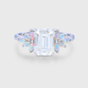 Oval cut Moissanite + Opal Cluster Engagement Ring