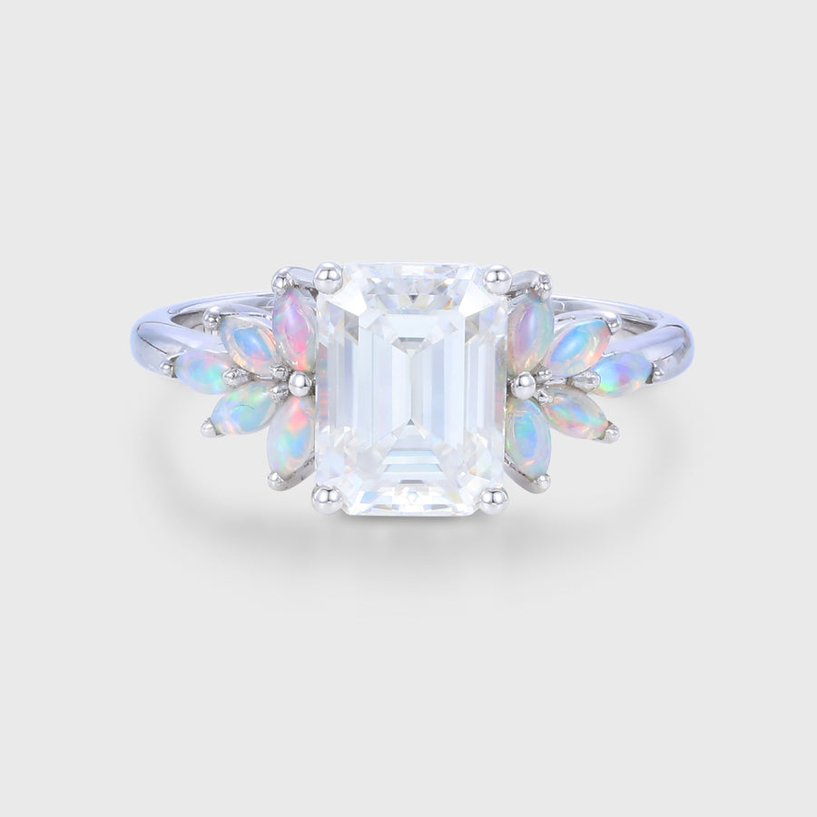 Emerald cut Moissanite + Opal Cluster Engagement Ring