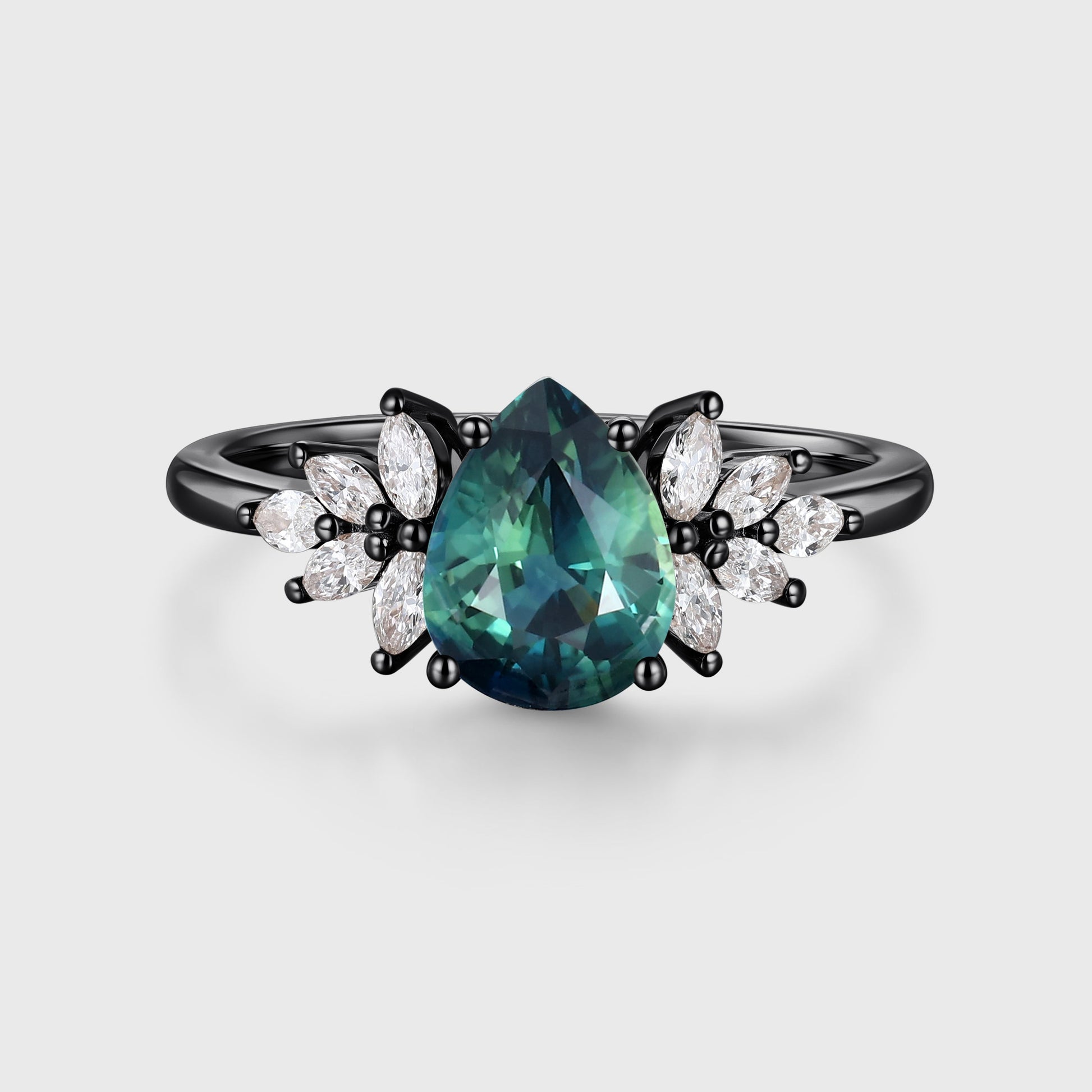 1.2Carat Pear Blue-Green Sapphir Cluster Engagement ring