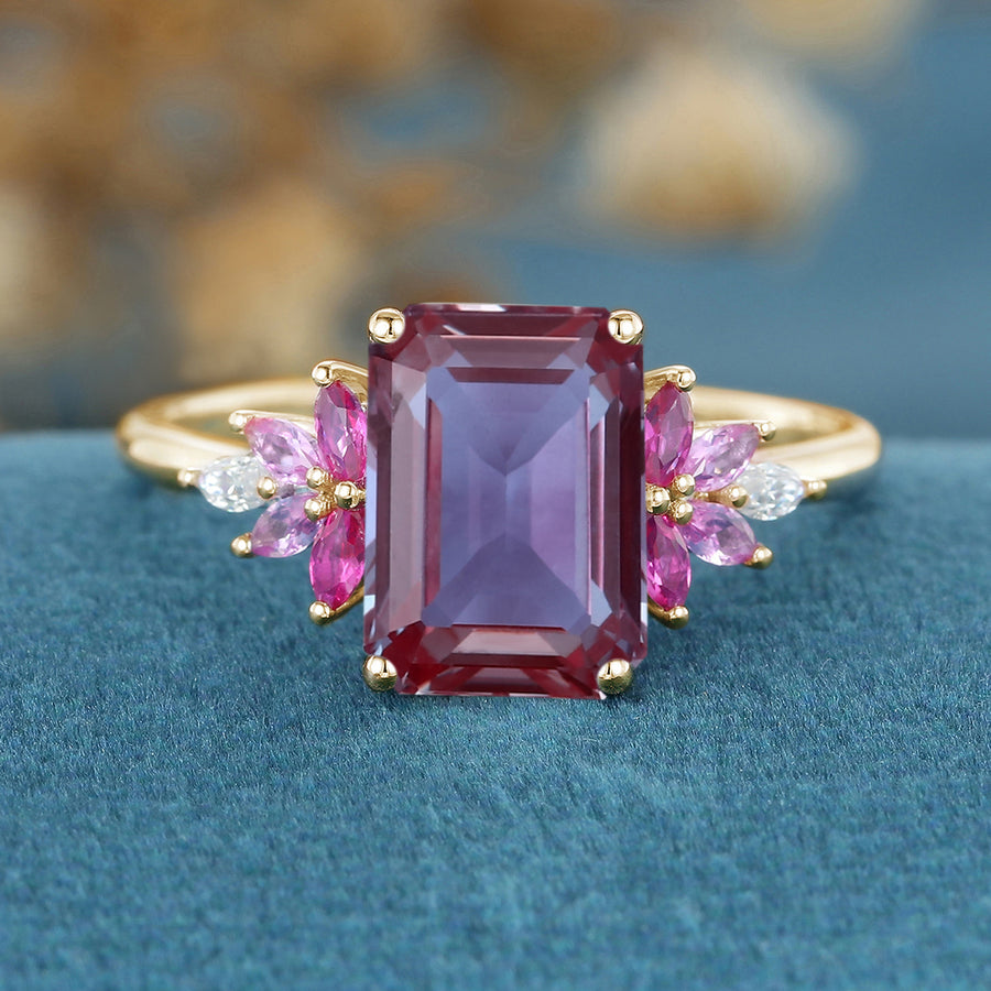 Radiant Cut lab Alexandrite  Cluster Engagement Ring