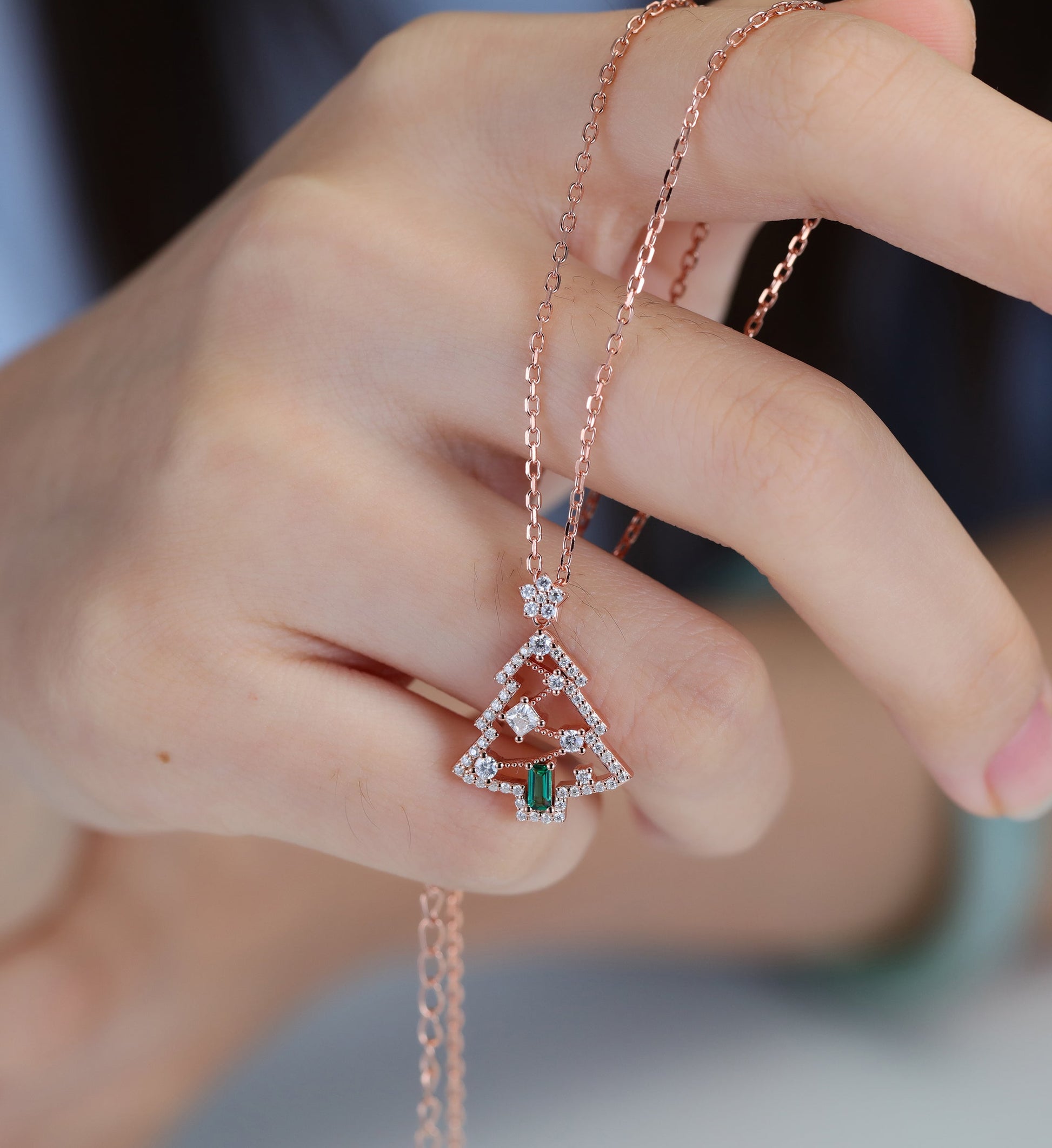 Pear cut Lab Emerald Pendant Necklace with Moissanite Halo Accents