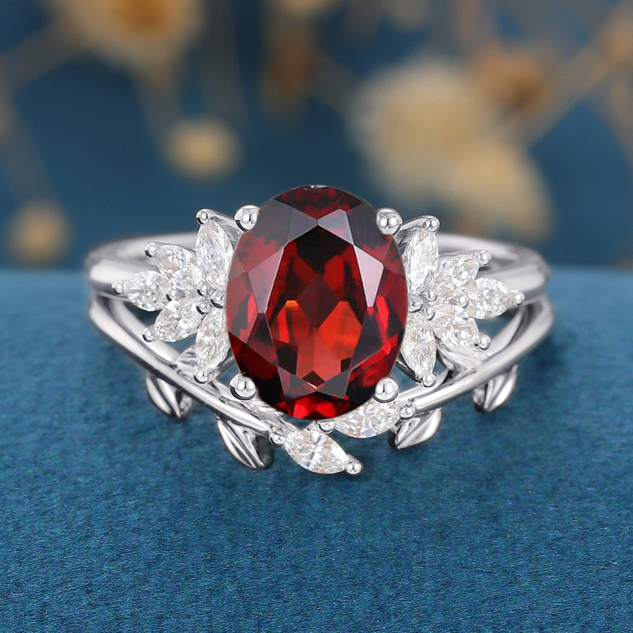 Oval cut garnet Cluster Engagement ring Bridal Set