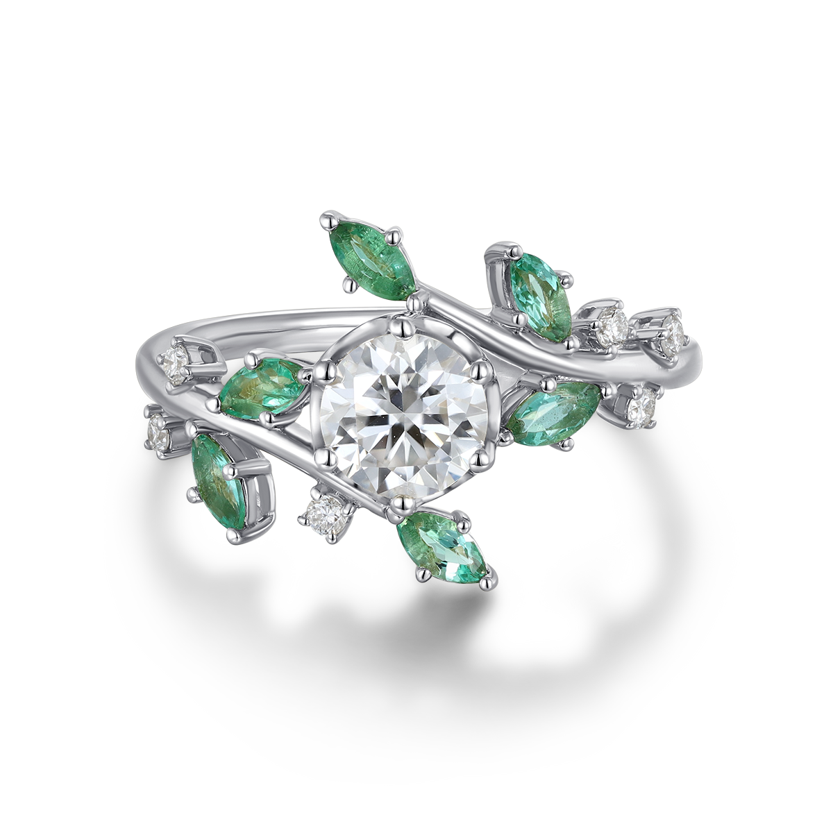 Nature Inspired Round cut Moissanite | Natural Emeralds Gold Engagement Ring