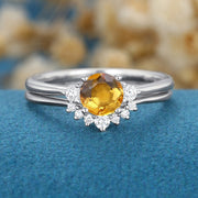 Round cut Citrine Cluster Engagement ring Bridal Set