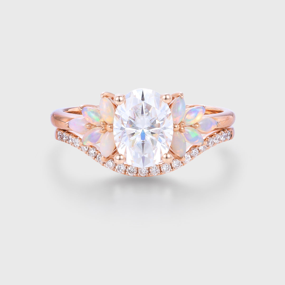 Oval cut Moissanite + Opal Cluster Engagement Ring Bridal Set