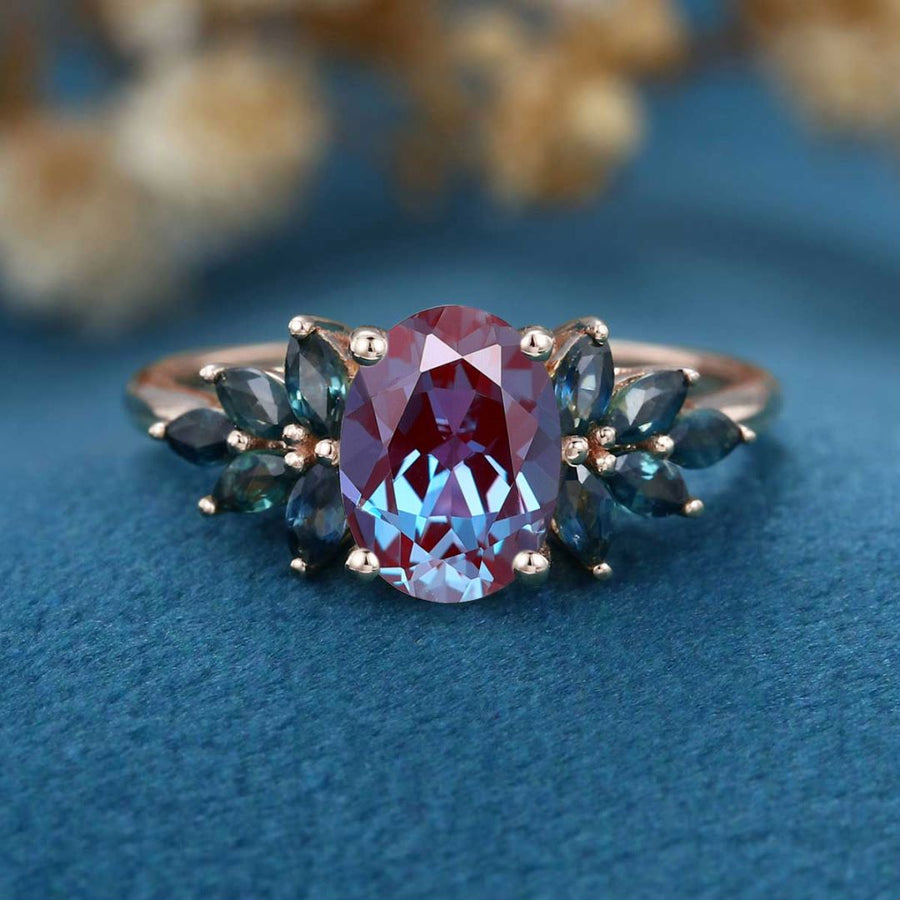 1.5Carat Oval cut Lab Alexandrite Cluster Engagement Ring