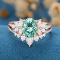 Oval cut Green Moissanite Engagement ring Bridal Set