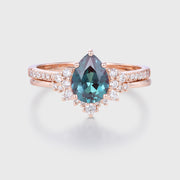 Pear Cut Lab Alexandrite Matching Mossanite | Diamonds Gold Bridal Set