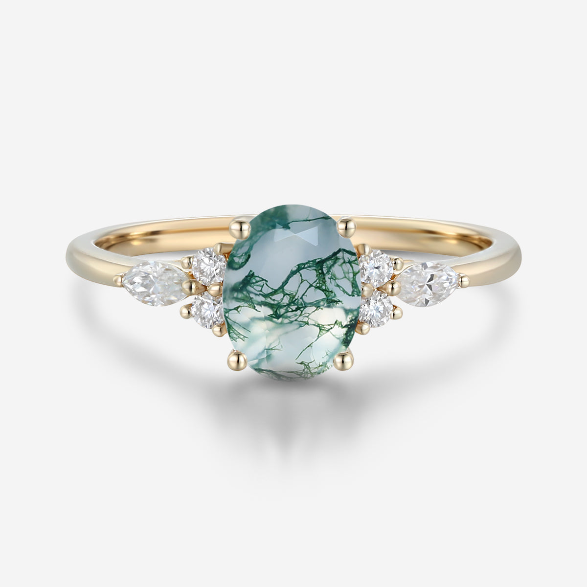 Natural Green Moss Agate Oval cut cluster Engagement Ring