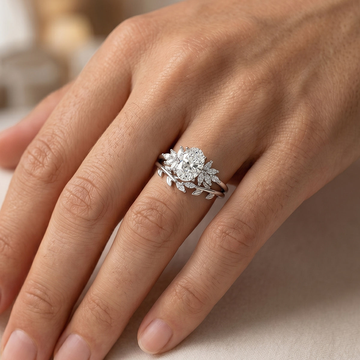 1.0CT~5.0CT Oval cut Lab grown Diamond Cluster Engagement Ring Set