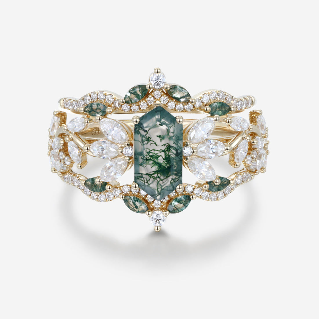 Long Hexagon cut Moss Agate Gold Wedding Bridal Set