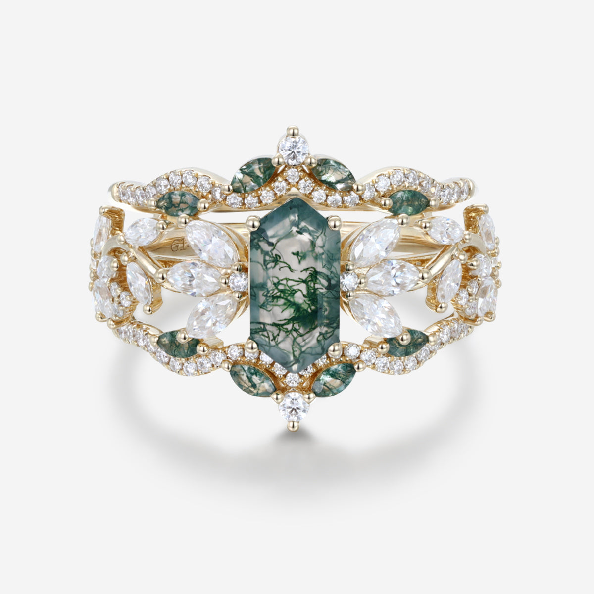 Long Hexagon cut Moss Agate Gold Wedding Bridal Set