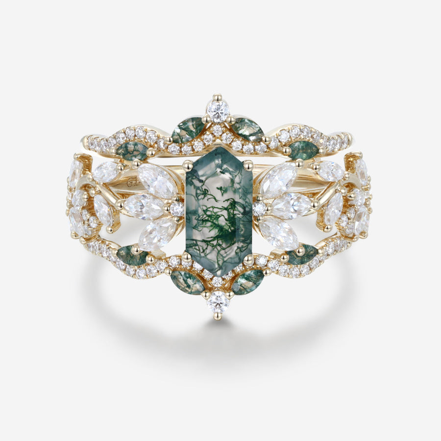 Long Hexagon cut Moss Agate Gold Wedding Bridal Set