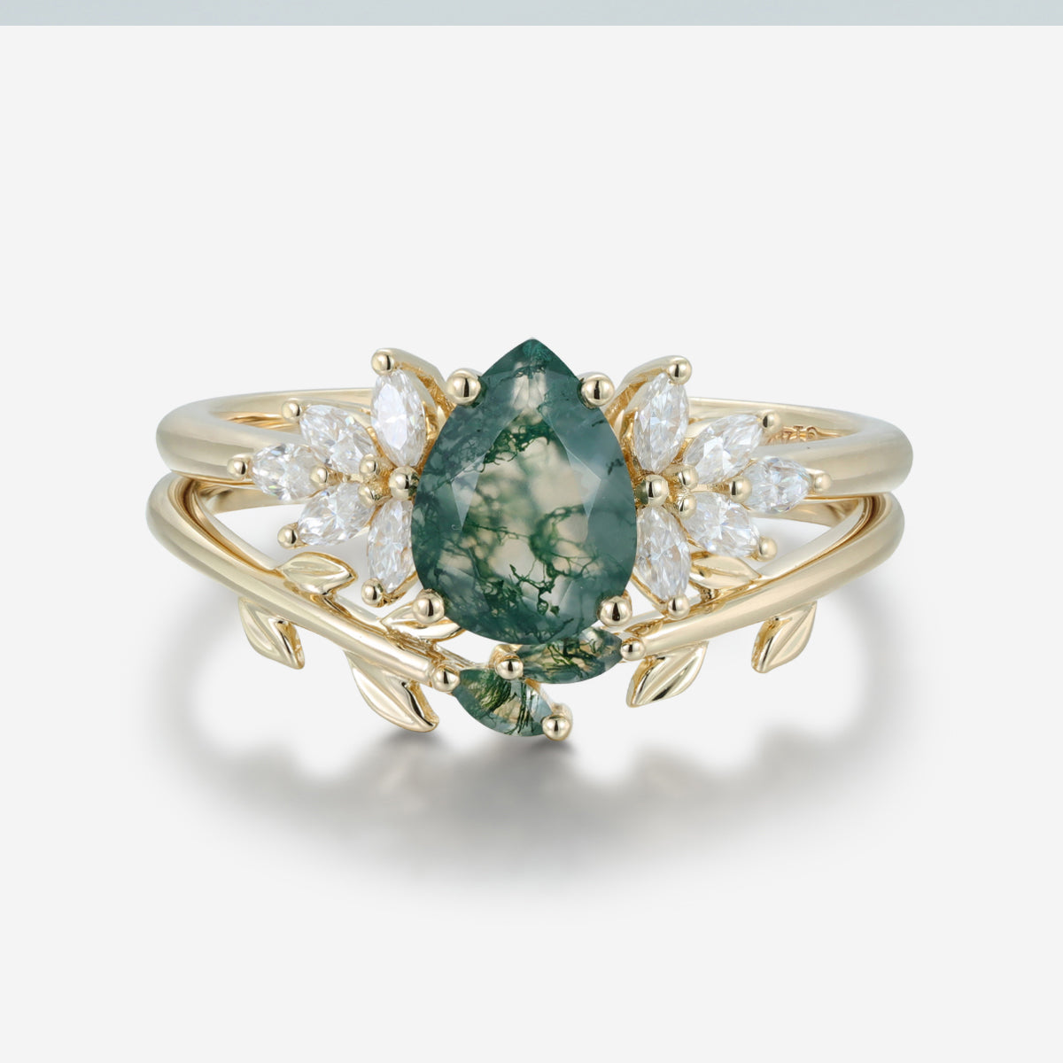 Nature Inspired Pear cut Moss Agate Leaf Gold Wedding bridal set