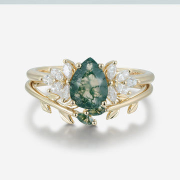 Nature Inspired Pear cut Moss Agate Leaf Gold Wedding bridal set