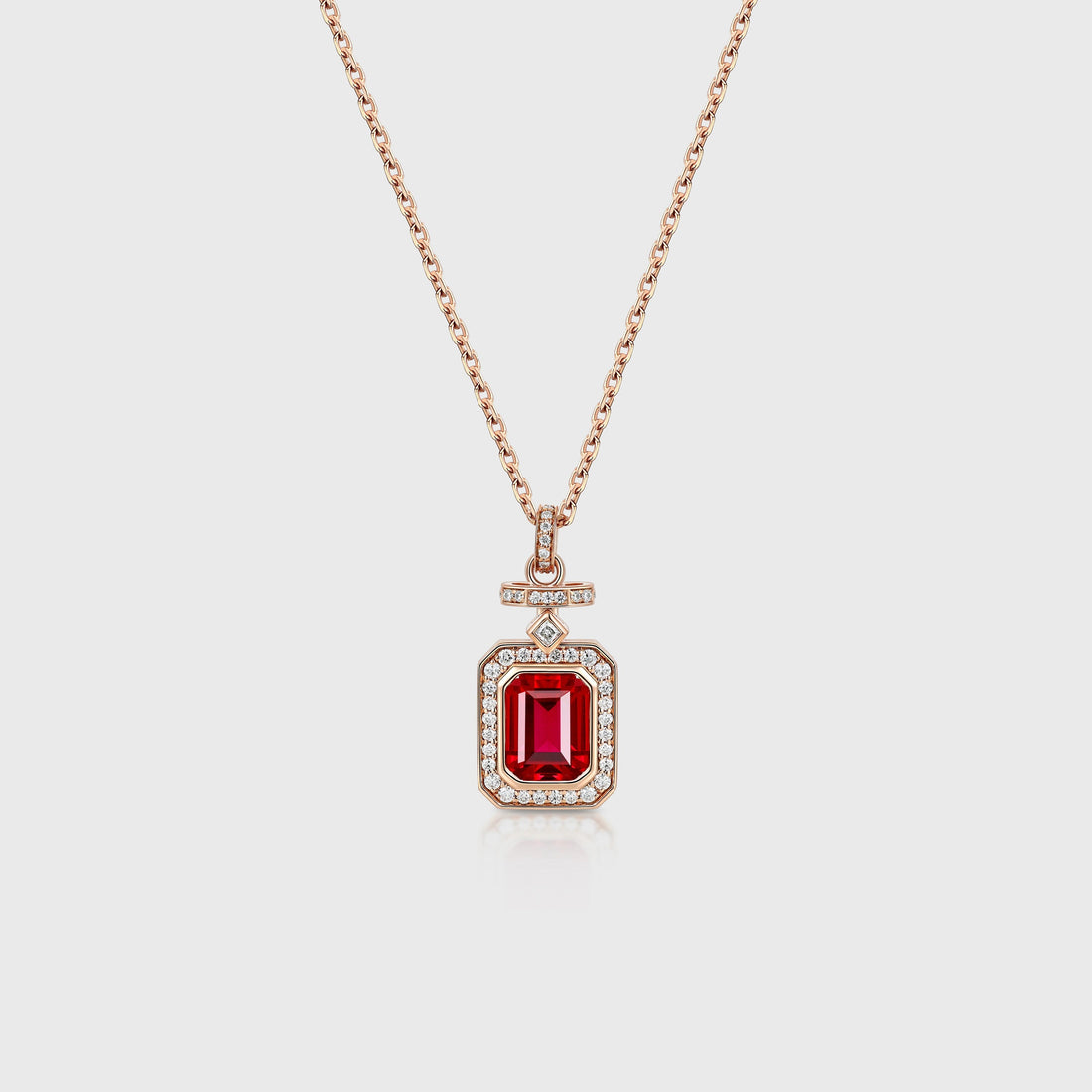 Emerald cut Lab Ruby Pendant Necklace with Moissanite Halo Accents
