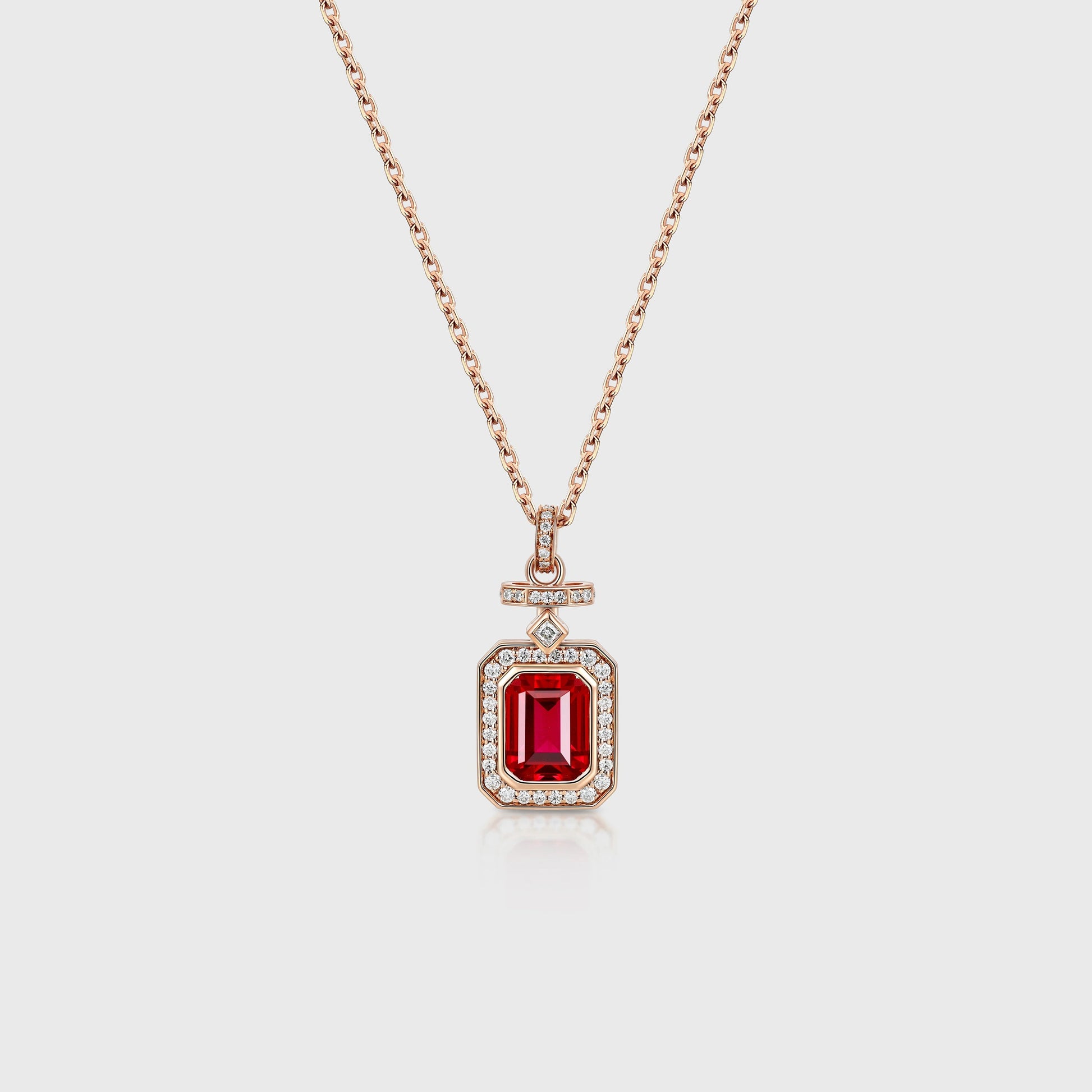 Emerald cut Lab Ruby Pendant Necklace with Moissanite Halo Accents
