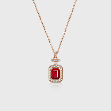 Emerald cut Lab Ruby Pendant Necklace with Moissanite Halo Accents