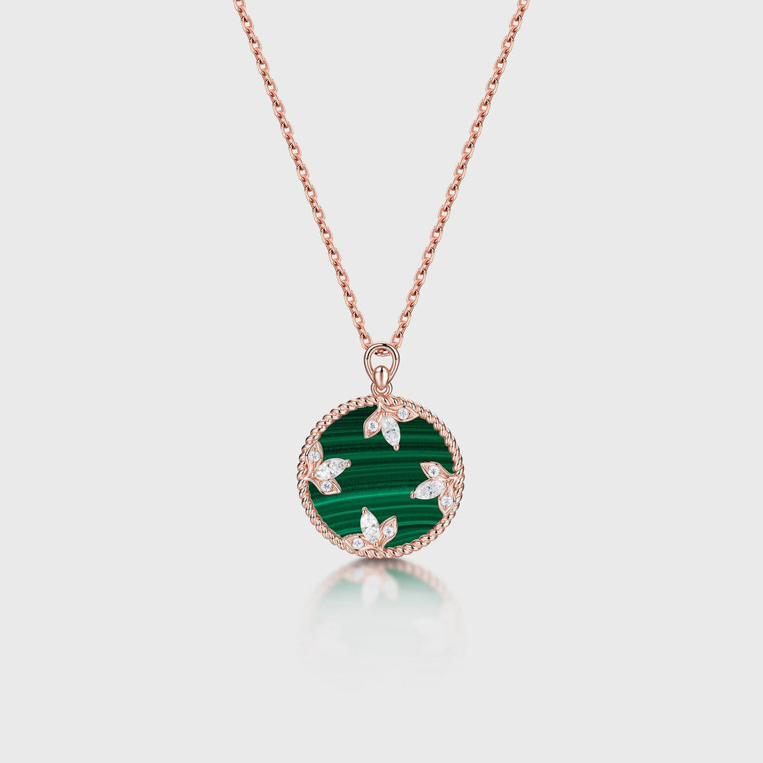 Round cut Malachite Pendant Necklace with Diamonds Halo Accents