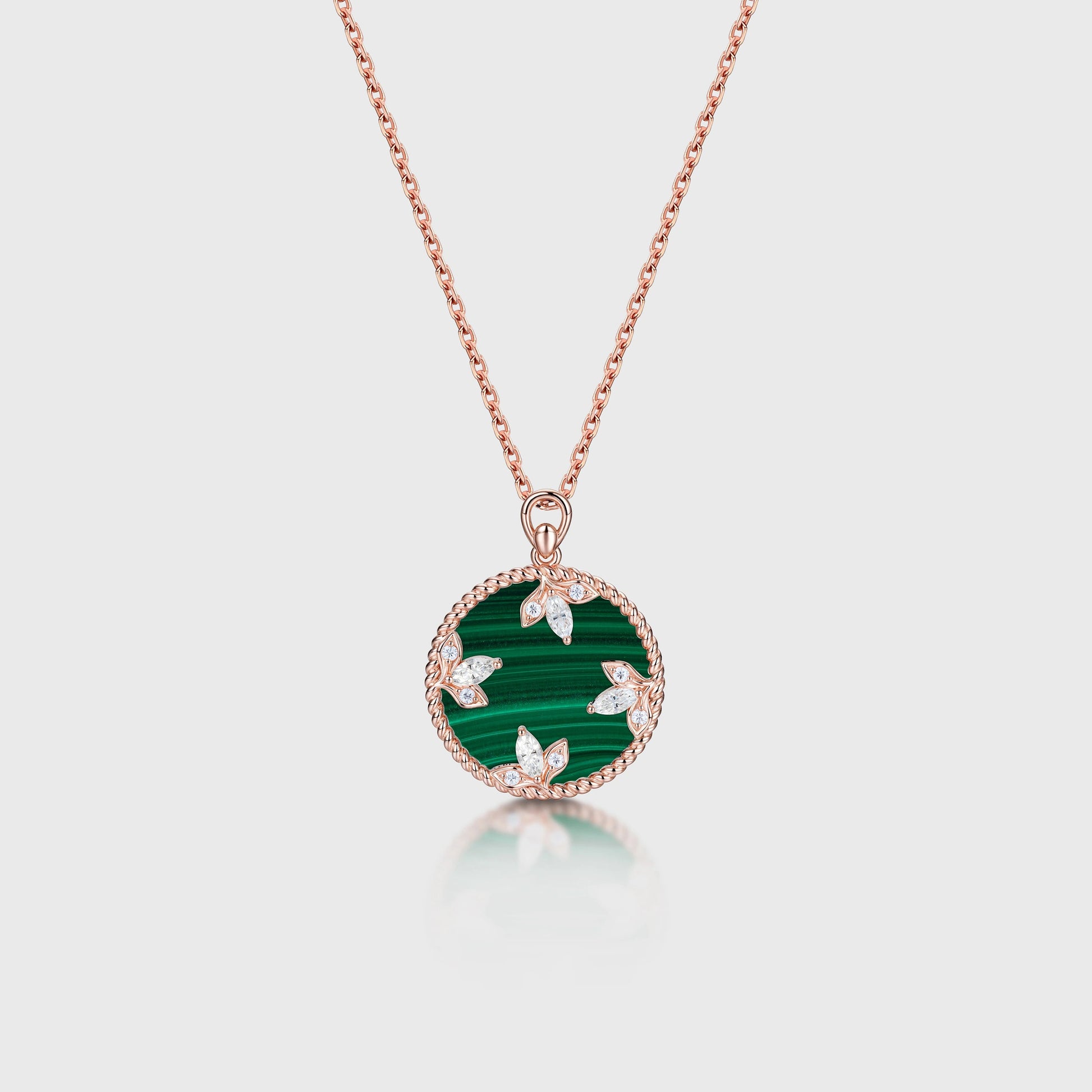 Round cut Malachite Pendant Necklace with Diamonds Halo Accents