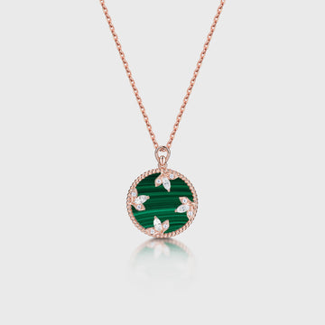 Round cut Malachite Pendant Necklace with Diamonds Halo Accents