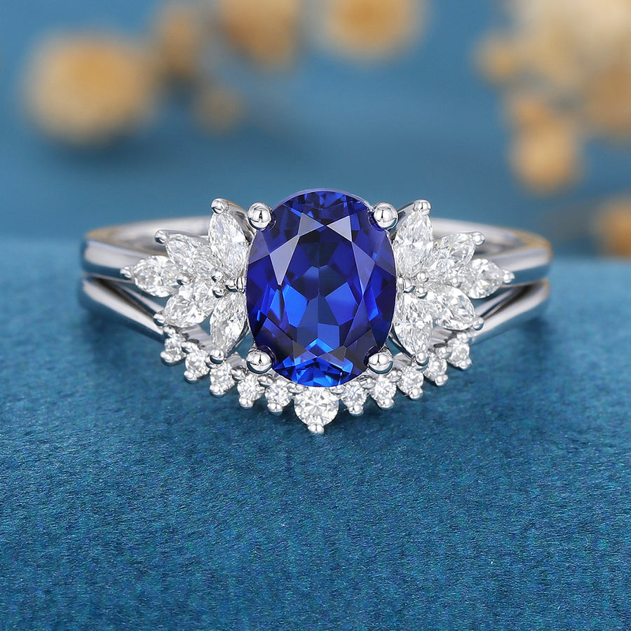 2PCS Oval cut  Sapphire Engagement ring Bridal Set