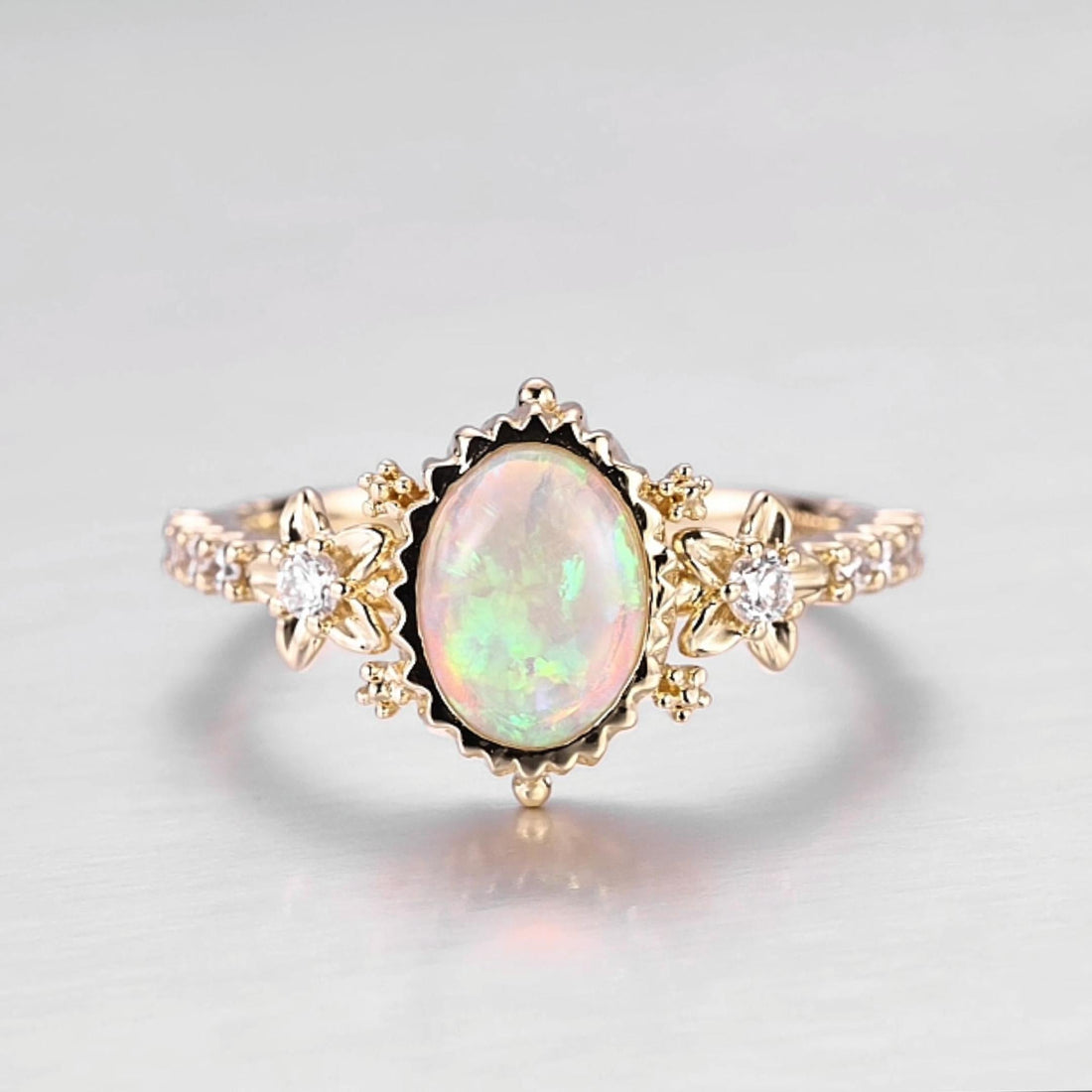 Bezel setting Oval cut Opal Halo Moissanite | Diamonds Gold Engagement Ring