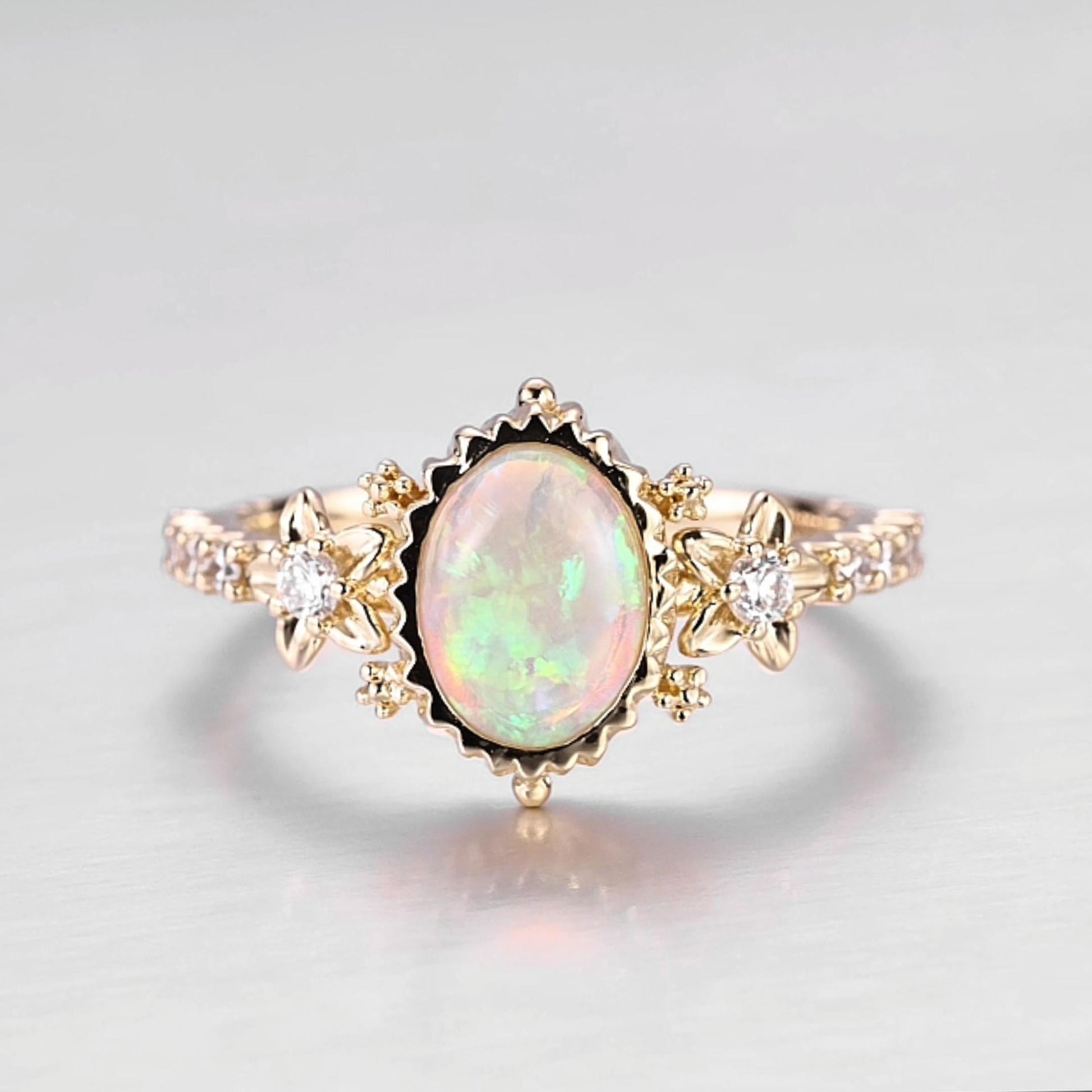 Bezel setting Oval cut Opal Halo Moissanite | Diamonds Gold Engagement Ring