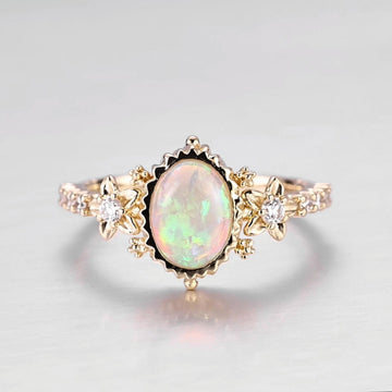 Bezel setting Oval cut Opal Halo Moissanite | Diamonds Gold Engagement Ring