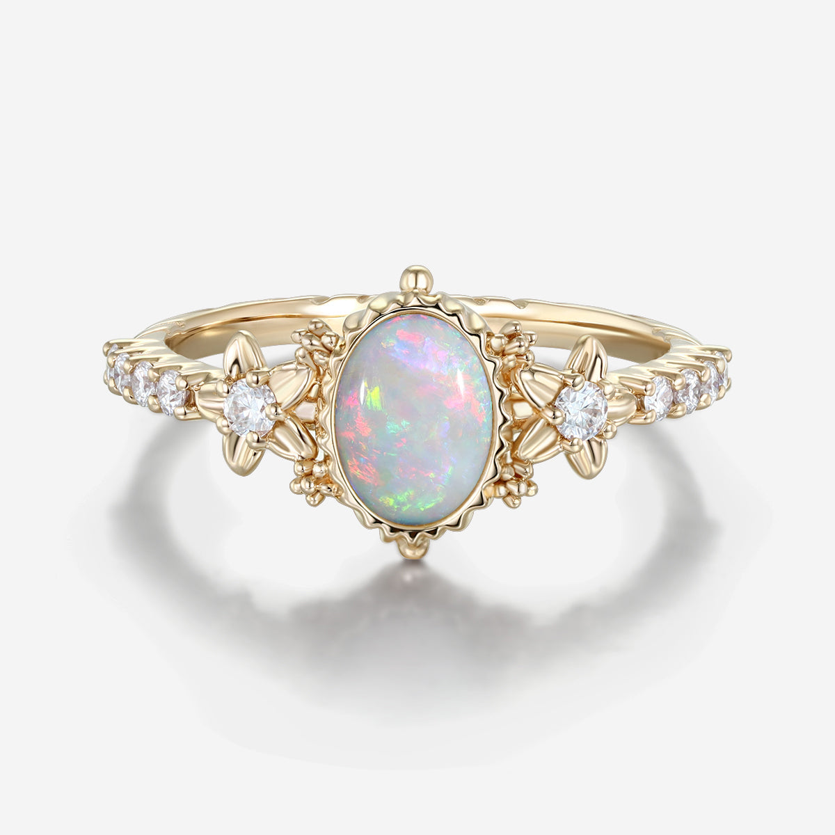 Bezel setting Oval cut Opal Halo Moissanite | Diamonds Gold Engagement Ring
