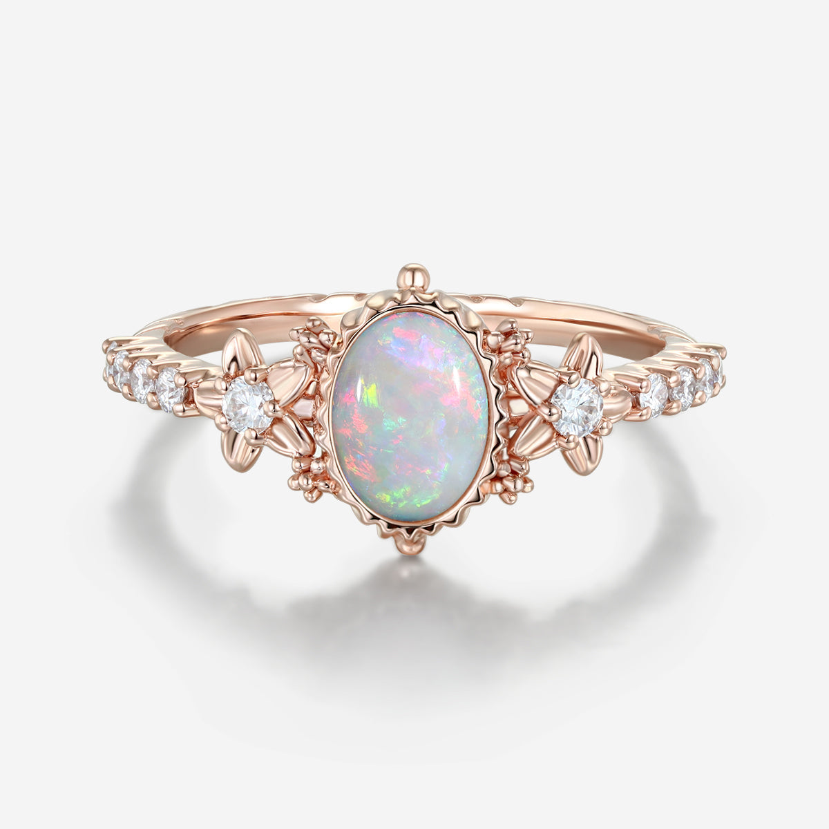 Bezel setting Oval cut Opal Halo Moissanite | Diamonds Gold Engagement Ring